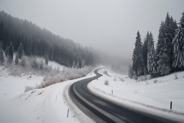 Beautiful view of the snowy curve country road in snowfall