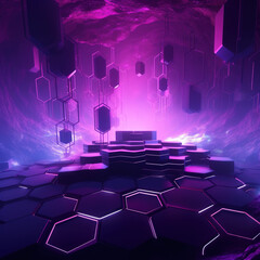  3D render, abstract vibrant neon background with hexagonal  geometric shapes created with Generative AI