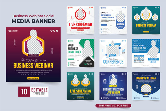 Marketing agency webinar template bundle with photo placeholders. Business promotion and conference announcement poster set design. Office seminar and webinar social media post collection.