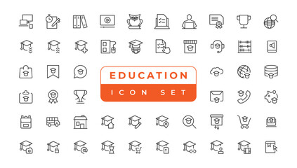E-learning icon set. Online education icon set. Thin line icons set. Distance learning. Containing video tuition, e-learning, online course, audio course, educational website - obrazy, fototapety, plakaty