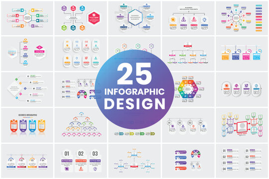 Business infographic and diagram vector collection with colorful shapes. Data visualization and chart bar template set design with geometric shapes. Flat business presentation graph chart bundle.
