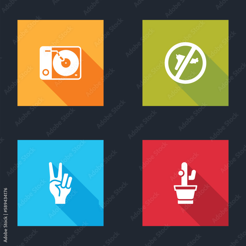 Wall mural set vinyl player, no war, peace symbol and cactus icon. vector