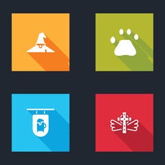 Set Witch hat, Bear paw footprint, Street signboard with Bar and Christian cross icon. Vector