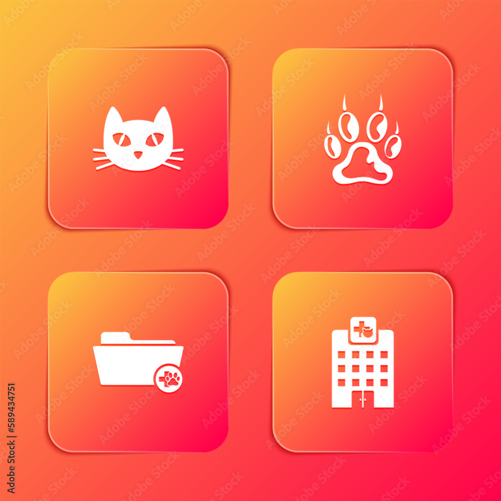 Wall mural set cat, paw print, medical veterinary record folder and veterinary medicine hospital icon. vector