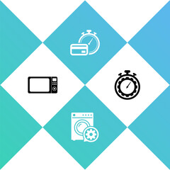 Set Microwave oven, Washer setting, Fast payments and Time management icon. Vector