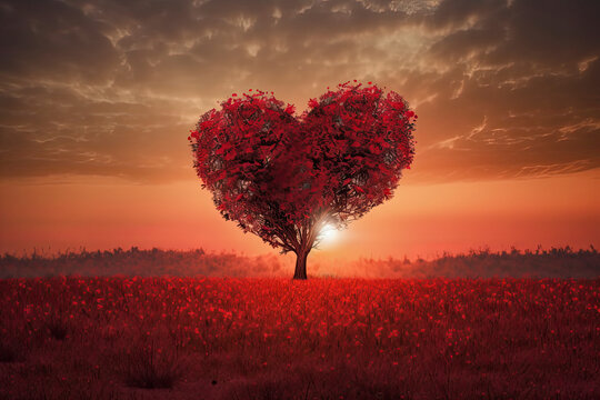 Heart Tree Love For Nature Red Landscape At Sunset