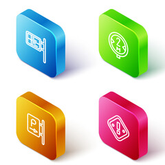 Set Isometric line ublic transport board, Road traffic sign, Parking and Exclamation mark triangle icon. Vector