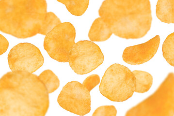 Levitation of potato chips isolated on a transparent background.