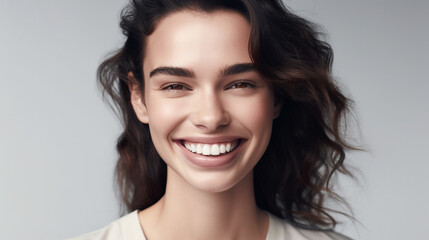 Naklejka premium A studio portrait of a beautiful smiling woman with perfect skin, standing against a stark white backdrop. Generative AI image.