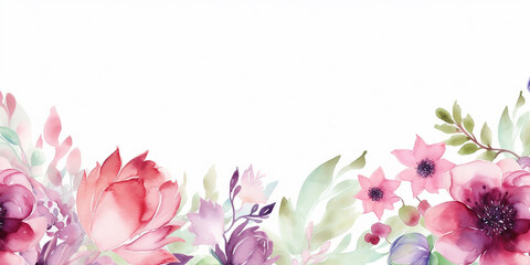 AI generated watercolor blank greeting card template beautiful flowers around. Generative AI.