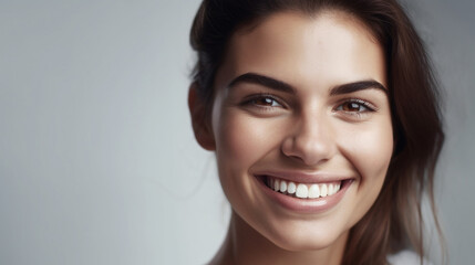 Naklejka premium A studio portrait of a beautiful smiling woman with perfect skin, standing against a stark white backdrop. Generative AI image.