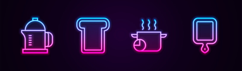 Set line French press, Bread toast, Cooking pot and Cutting board. Glowing neon icon. Vector