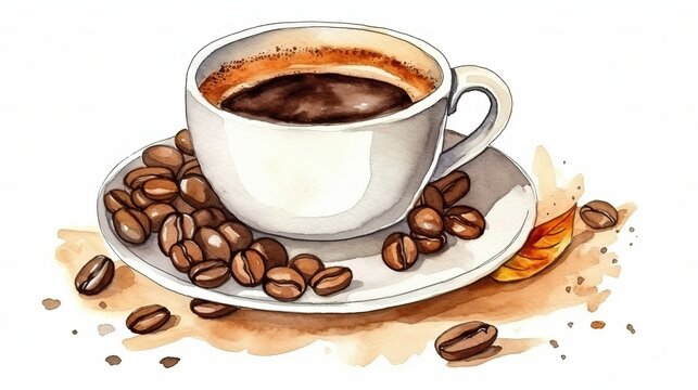 Cup of morning coffee with coffee beans. Watercolor hand drawn illustration Generative AI