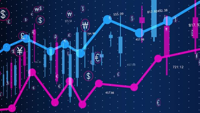 Business Diagram With Charts And Stock Numbers Animation. Cryptocurrency. Financial Trade Concept. 4K
