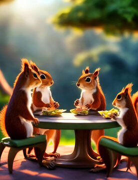ardillas sentadas alrededor de una mesa al atardecer