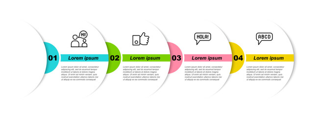 Set line Two sitting men talking, Hand like, Hola different languages and Alphabet. Business infographic template. Vector © vector_v