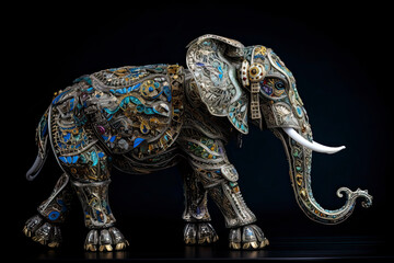 Scene of a full body elephant, a cyborg elephant made from small pieces of antique