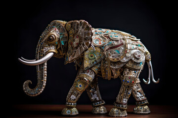 Scene of a full body elephant, a cyborg elephant made from small pieces of antique