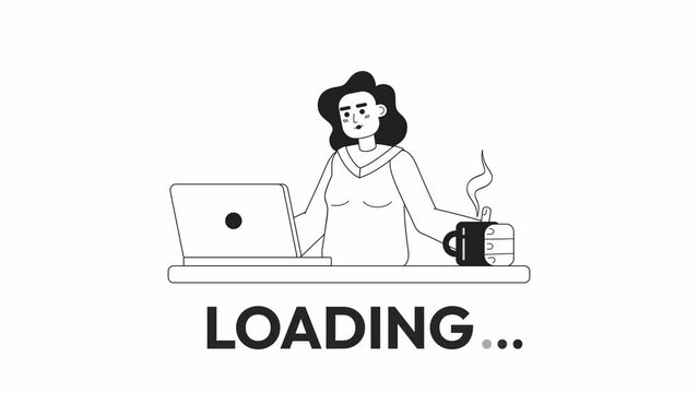 Animated bw freelance dev loader. Lady with laptop. Flash message 4K video footage. Monochrome isolated loading wait-animation progress indicator with alpha channel transparency for UI, UX web design