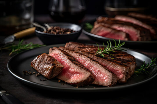 Sliced medium rare grilled steak on plate