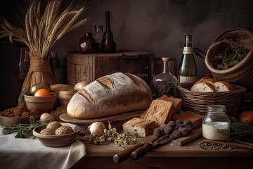 Fototapeta premium Still life with bread and its ingredients in vintage setting