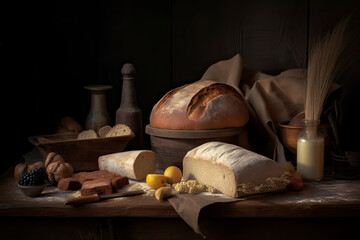 Fototapeta na wymiar Still life with bread and its ingredients in vintage setting
