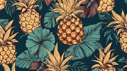 vintage seamless tropical flowers with pineapple pattern background Generative AI - obrazy, fototapety, plakaty