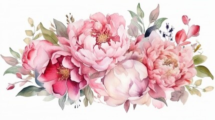 Watercolor bouquet with roses and peony flowers Generative AI - obrazy, fototapety, plakaty