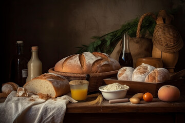 Fototapeta na wymiar Still life with bread and its ingredients in vintage setting