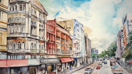 Fototapeta na wymiar watercolor drawing cityscape big city downtown, aquarelle painting Generative AI