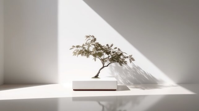 Minimal scene with white wall and nature elements