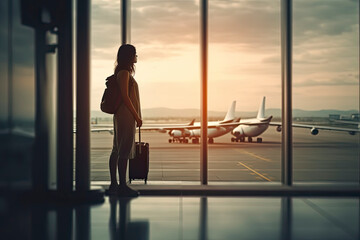 Fototapeta na wymiar travel concept, people in the airports ,Silhouette of young girl with luggage walking at airport, women showing something through the window,selective focus,vintage tone color