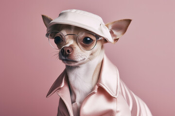 Fashion photography portrait of a dog in a stylish modern outfit. Generative AI