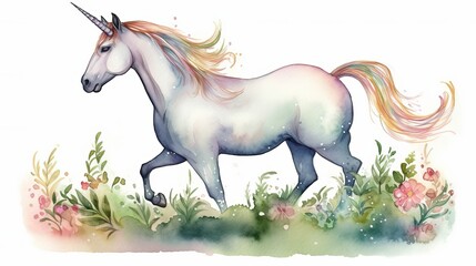 Obraz na płótnie Canvas watercolor unicorn illustration, fairy tale creature Generative AI