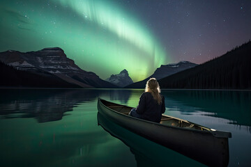 Fototapeta premium Traveler woman sitting on canoe with aurora borealis over Spirit Island in Maligne lake at Jasper national park, Alberta, Canada