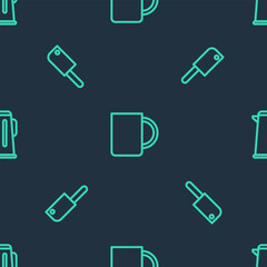 Set line Coffee cup, Meat chopper and Kettle with handle on seamless pattern. Vector