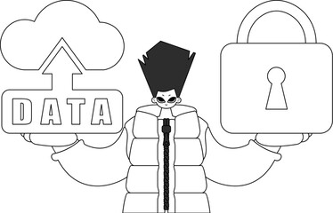 Guy holding logo of cloud storage for Internet of Things in linear vector style