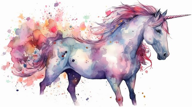 watercolor unicorn illustration, fairy tale creature Generative AI