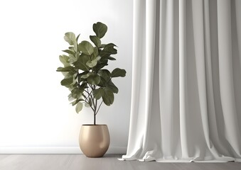 Living space with our stunning digital illustration featuring a plant against a white wall mockup, complemented by a curtain, warm tones, and wood flooring of minimalistic style. Generative AI