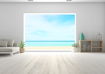 Fototapeta premium Captivating digital illustration of an empty white room, featuring a minimalist wooden floor and a stunning summer sea backdrop. Generative AI
