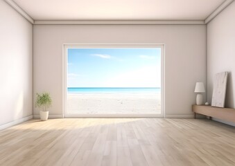 Captivating digital illustration of an empty white room, featuring a minimalist wooden floor and a stunning summer sea backdrop. Generative AI