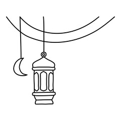 hand drawn outline lantern with crescent moon and cable as decoration