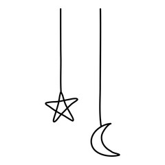 hanging star and crescent moon outline doodle hand drawn vector illustration