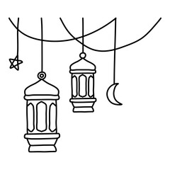 twin doodle hand drawn hanging lantern in between star and crescent moon outline vector illustration