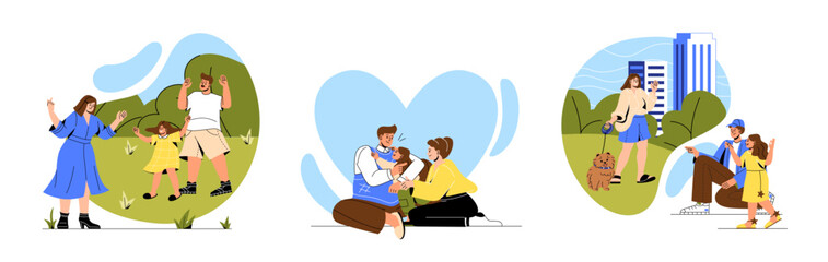 Happy family set. Man and woman spend time together with child outdoor. Mother and father with their daughter relaxing in city park. Cartoon flat vector illustrations isolated on white background