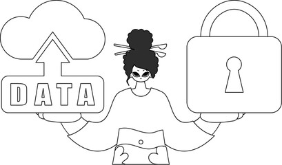 Girl holds logo of cloud storage for IoT in vector linear art