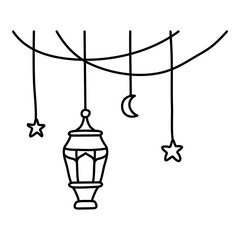 illustration of a lantern with stars and crescent moon with doodle outline hand drawn style illustration
