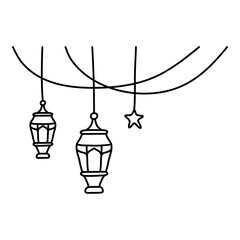 twin hanging lantern and star with cable decoration outline hand drawn doodle illustration style for ornament and decoration