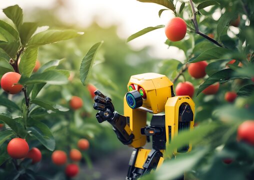 Experience the future of farming with our yellow agricultural robot, using modern technology and AI IoT to revolutionize agricultural work in green field farms. Generative AI