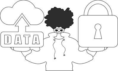Guy is holding a logo of cloud storage for internet of things in a vector linear style